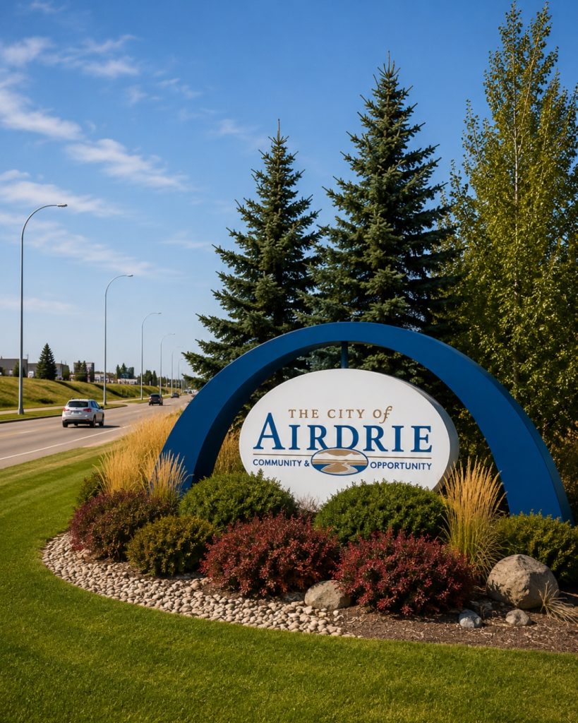 Welcome to Airdrie entrance sign beside a tree-lined roadway with landscaped gardens and evergreen trees in Alberta.