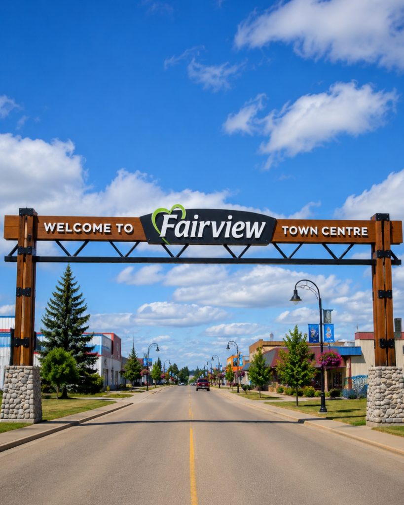 Welcome to Fairview Town Centre gateway sign spanning the main roadway in Fairview, Alberta.