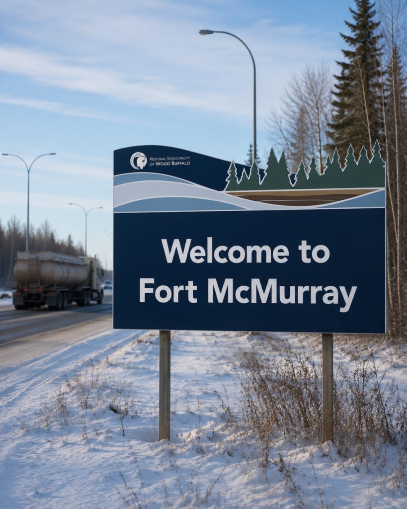Welcome to Fort McMurray entrance sign beside a snow-covered highway with evergreen trees in northern Alberta.