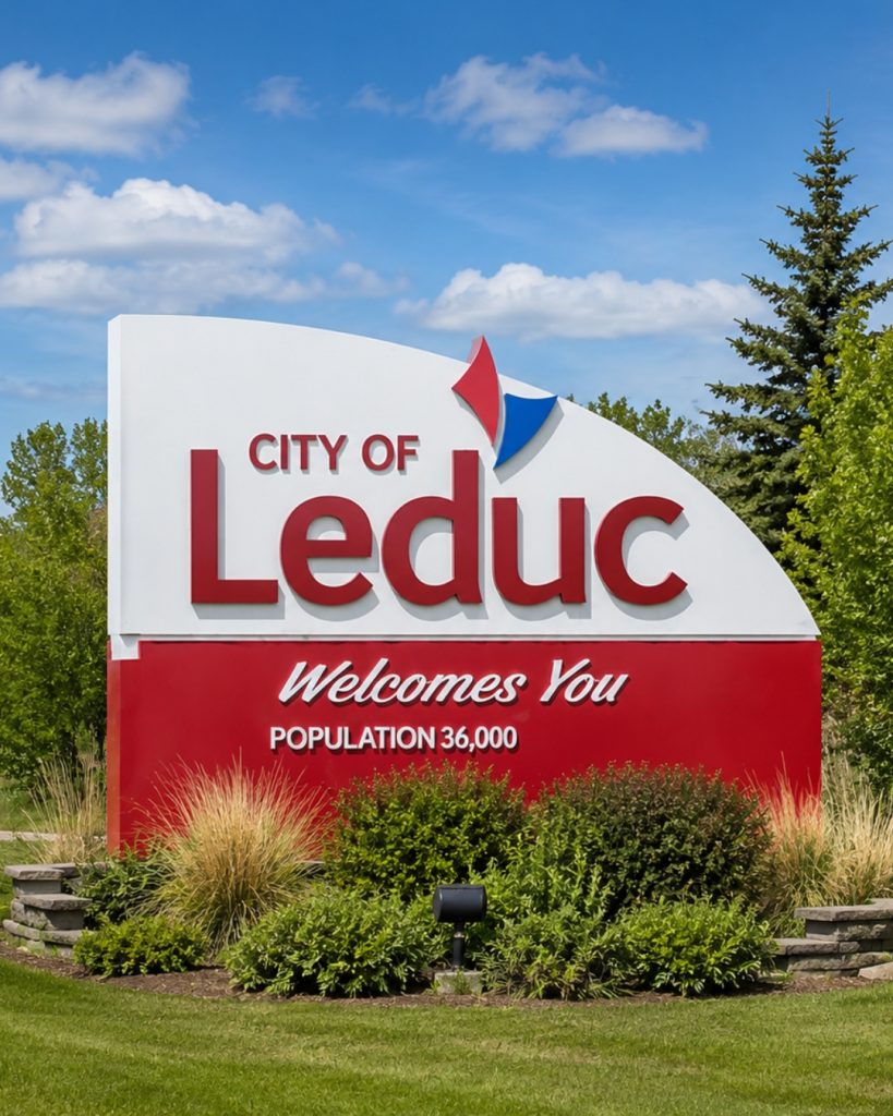 Welcome to Leduc entrance sign surrounded by landscaped greenery and mature trees in Leduc, Alberta.
