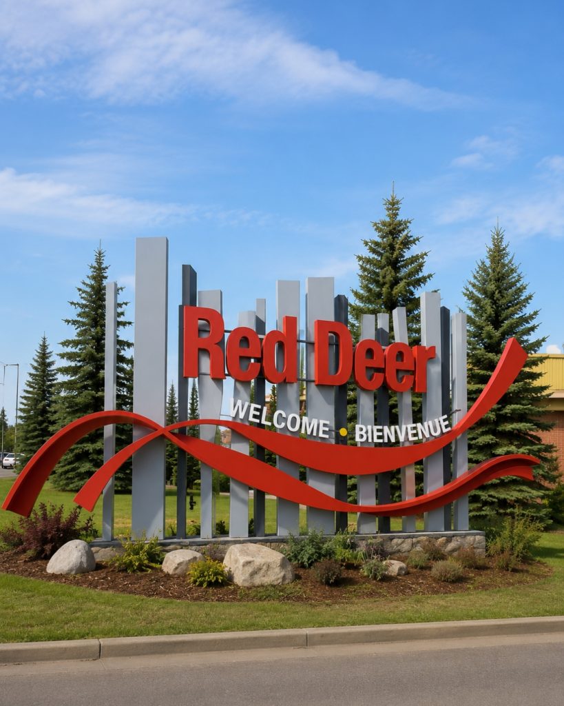 Welcome to Red Deer entrance sign with landscaped gardens, evergreen trees, and roadside surroundings in central Alberta.
