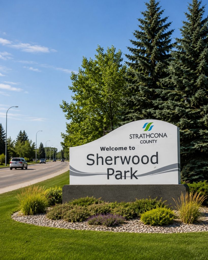 Welcome to Sherwood Park entrance sign beside a tree-lined roadway with landscaped gardens in Strathcona County, Alberta.