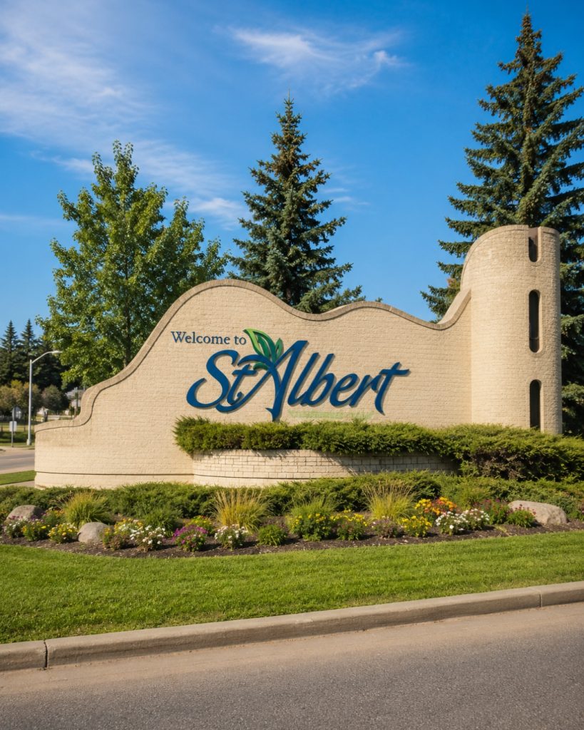 Welcome to St. Albert entrance sign with landscaped gardens, mature trees, and roadside surroundings in Alberta.