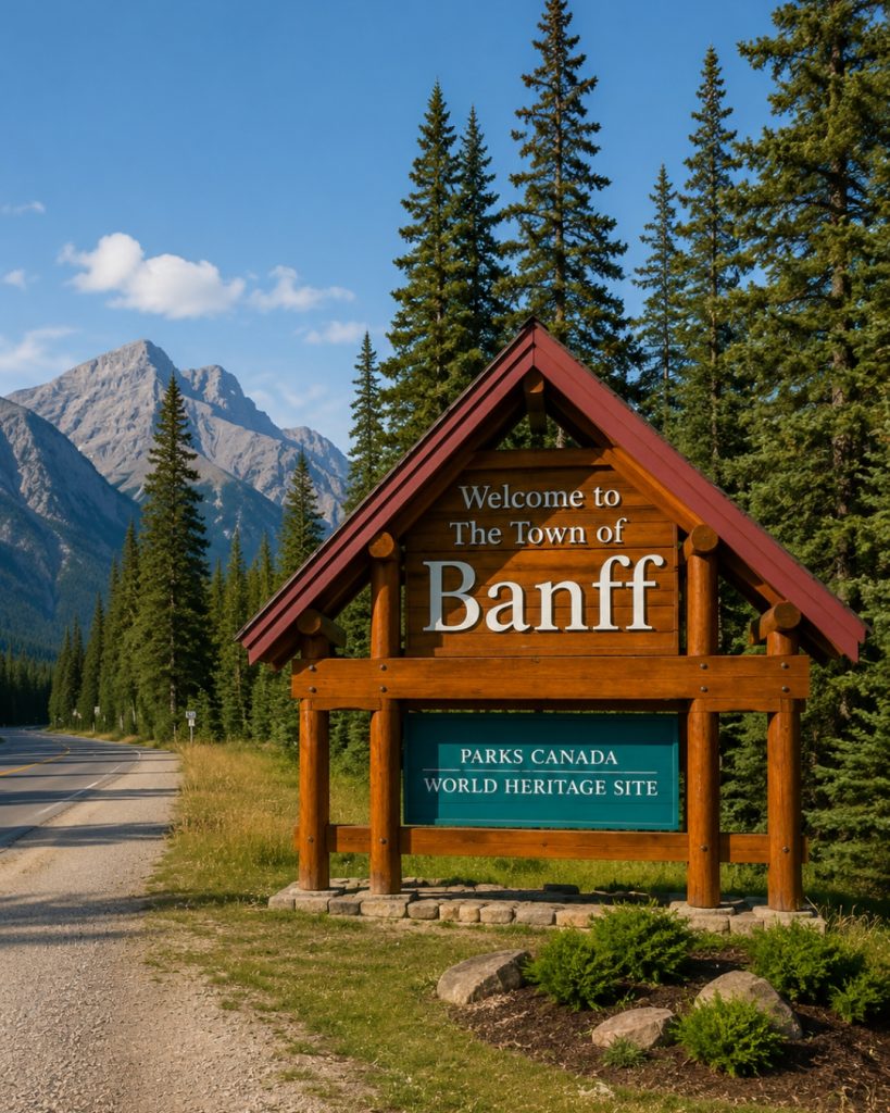 Welcome to Banff entrance sign beside a mountain highway with evergreen forests and Rocky Mountain peaks in Banff National Park.