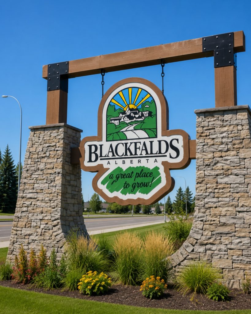 Welcome to Blackfalds entrance sign beside a landscaped roadway with stone pillars and green space in central Alberta.
