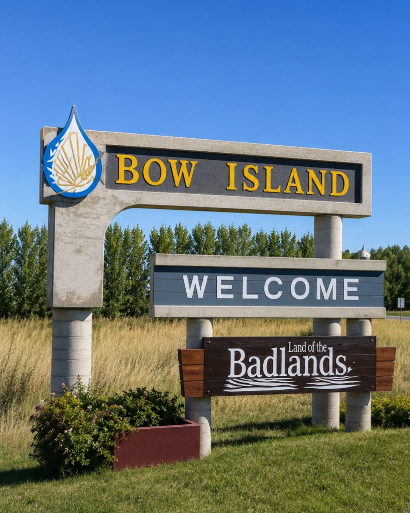 Welcome to Bow Island entrance sign surrounded by open prairie and landscaped greenery in southern Alberta.