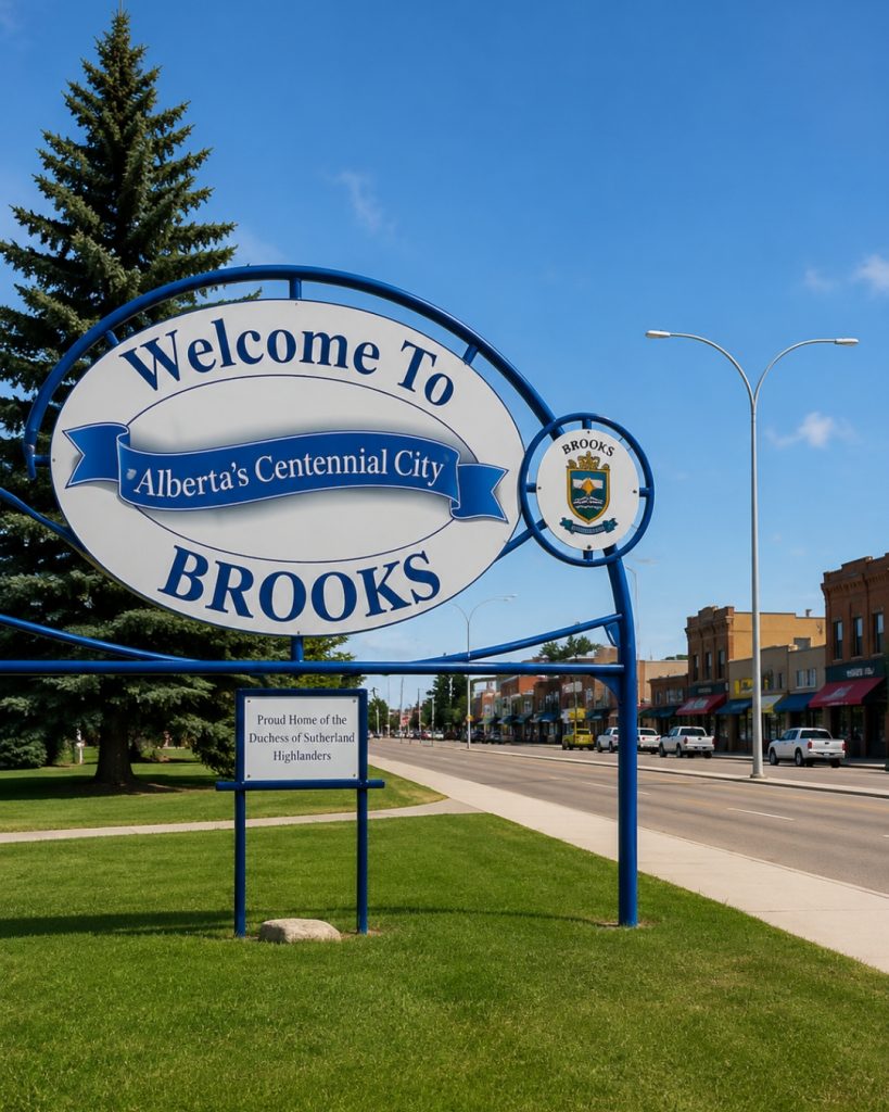Welcome to Brooks entrance sign beside a roadway with downtown buildings and landscaped green space in Brooks, Alberta.