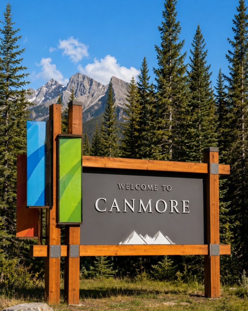 Welcome to Canmore entrance sign surrounded by evergreen forest with the Rocky Mountains in the background.