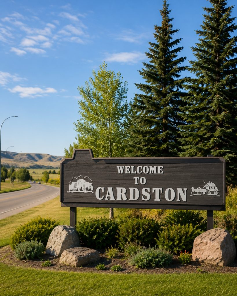 Welcome to Cardston entrance sign beside a tree-lined roadway with landscaped greenery in southern Alberta.