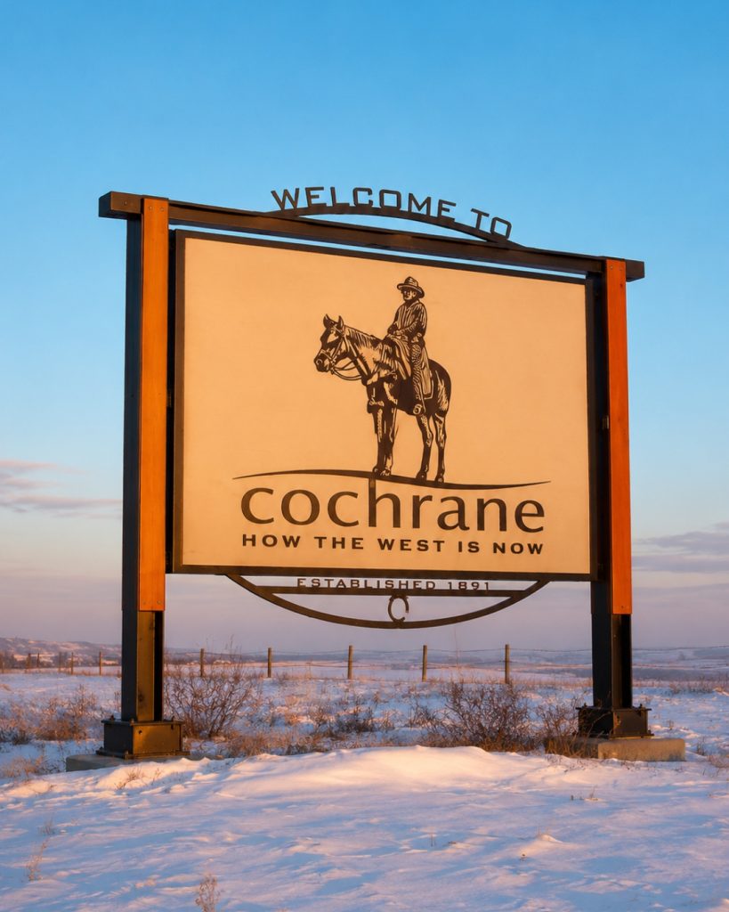 Welcome to Cochrane entrance sign overlooking open prairie under a clear Alberta sky.