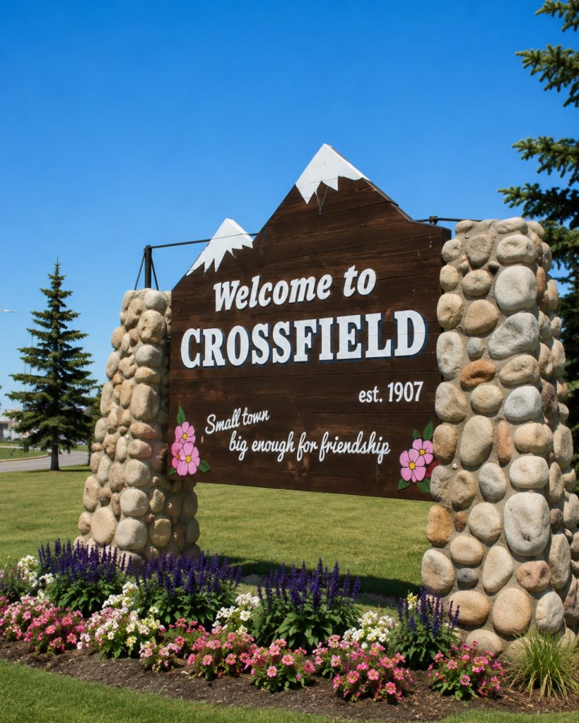 Welcome to Crossfield entrance sign supported by stone pillars with landscaped flower beds and green space in Alberta.
