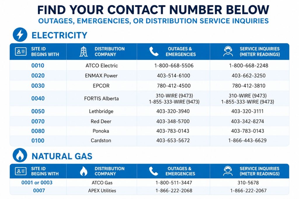 Infographic listing Alberta electricity and natural gas distribution companies with Site ID prefixes, outage and emergency phone numbers, and service inquiry contact numbers.