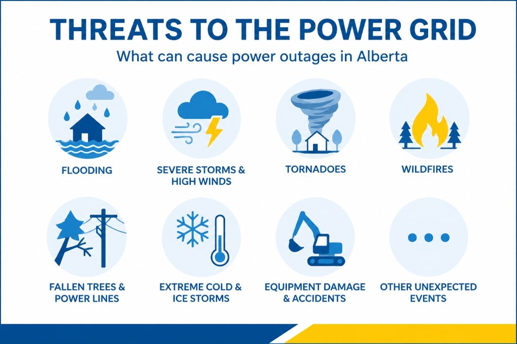 Infographic showing the main threats to Alberta's electrical power grid, including flooding, severe storms, tornadoes, wildfires, fallen trees, ice storms, equipment damage, and unexpected events. 